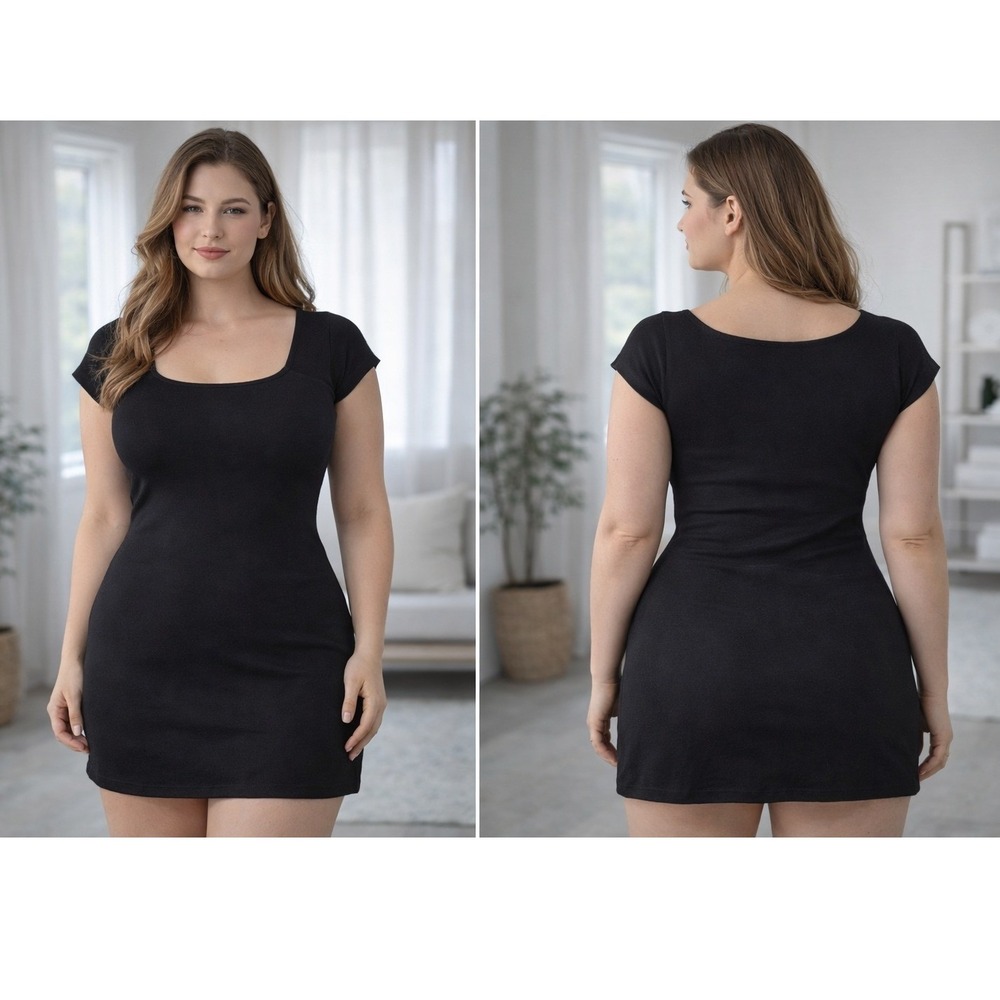 No Comment Square Neck Dress Women Medium‎ Black Minimalist Bodycon LBD